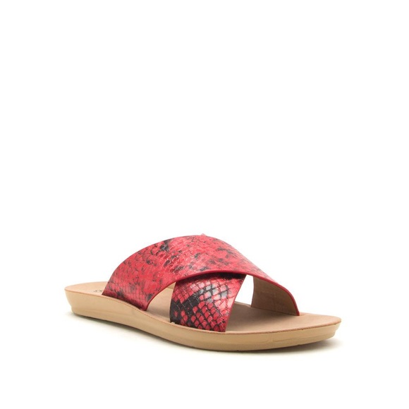 Red Snakeskin Print Sandals Flat Slide Criss Cross Slip On - Picture 5 of 8